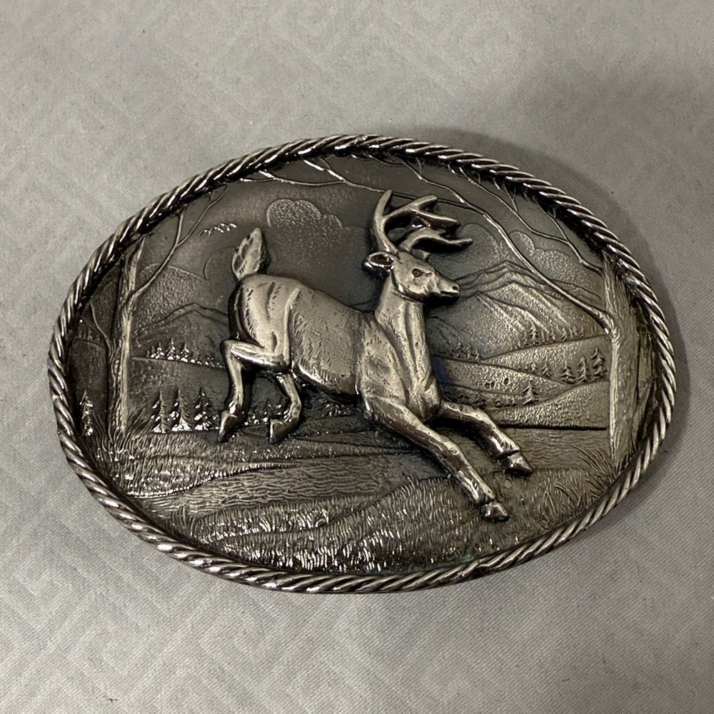 Vintage 1980 Leaping Buck Deer Mountain Backdrop Belt Buckle Made in USA #472